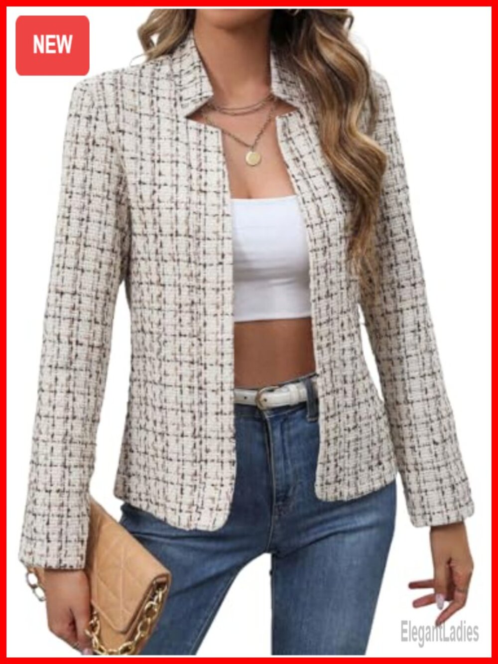 Wool Tweed Plaid Blazer Notch Lapel Open Front Slim Fit Long Sleeve Work